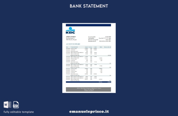 Modello Excel di estratto conto bancario KBC Belgio in stile verificato